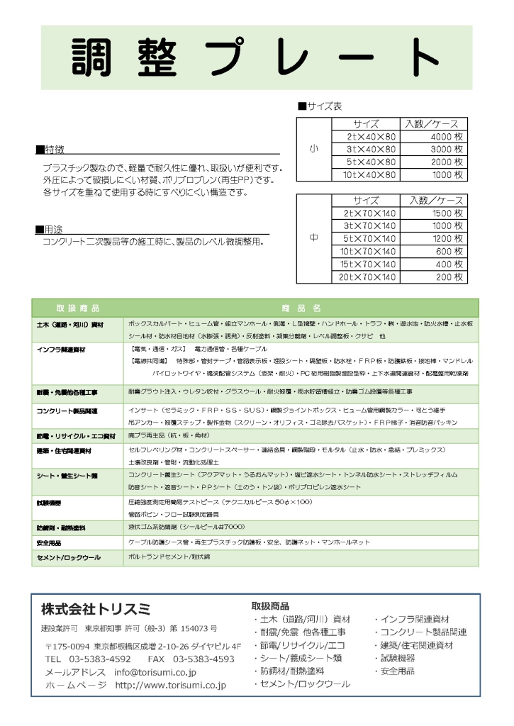 レベル調整板・調整プレート